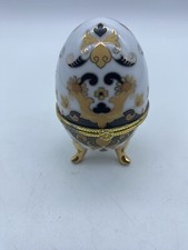 Unbranded Three-Legged Egg-Shaped Porcelain Trinket Box Gold and Black on White