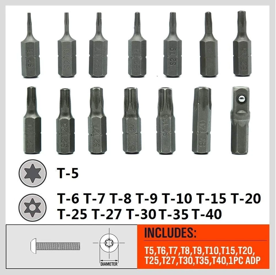 14-Piece Tamper Resistant Star Bits, S2 Alloy Steel, T5 - T40 Security Torx Bit - Image 2 of 4