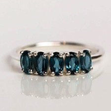 Oval Cut London Blue Topaz Half Eternity Ring, 925 Sterling Silver Handmade Ring