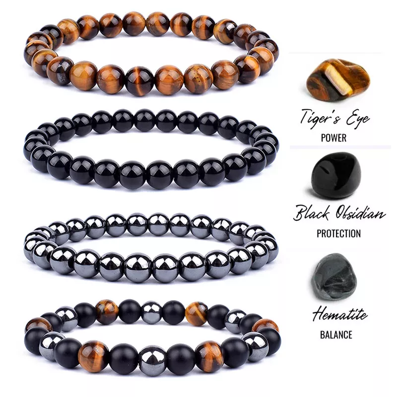 Natural Tiger's Eye Obsidian Hematite Beads Bracelets for Men Triple  Protection