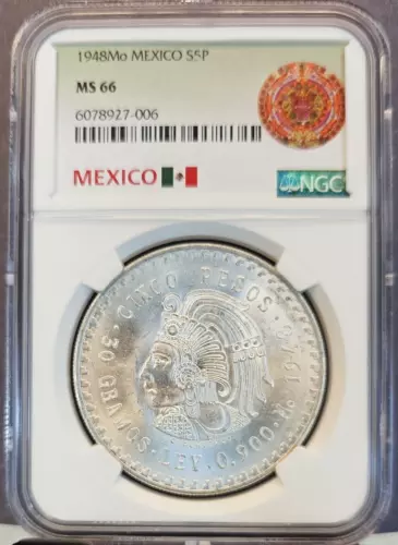 1948 MEXICO SILVER 5 PESOS S5P CUAUHTEMOC NGC MS 66 BLAZING GEM BU