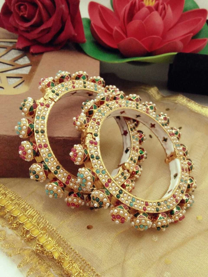 Indischer Schmuck Perlenstein Vergoldetes Armreif Bollywood Armreifen Kundan - Bild 3 von 3