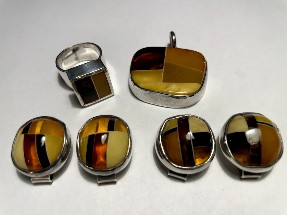 Juego de colgantes, anillos y pendientes ámbar báltico y caramelo/plata de ley Foto 3 de 4