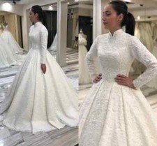 Long Sleeve White Wedding Dress High Neck Lace Applique Beaded Pearl Bridal Gown