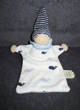 🍀Doudou Plat Blanc Lutin ALANA DM Doll Baleine Bleu Bonnet Rayé Cotton Bio TTBE