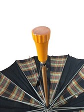 Vintage Black  Plaid Umbrella With 3" Chunky Butterscotch Bakelite Handle, Wood