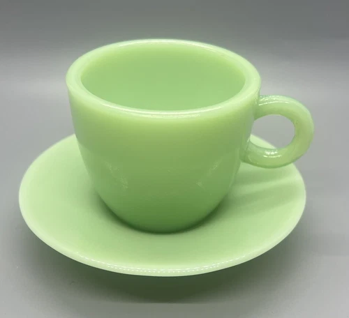 Vintage Jadeite Restaurant Ware C Handle Coffee Mug Cup and Saucer EUC