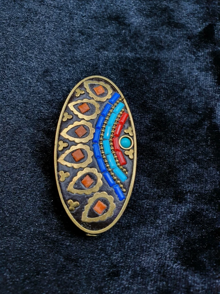 Tibetan Nepalese Brass Handmade Bead With Turquoise Coral And Lapis Lazuli Stone - Image 3 of 4