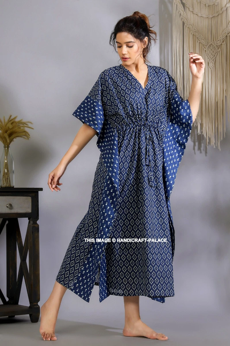 Indian Hand Block Print Long cotton Kaftan Maxi Dress, Blue Hippie Boho  Caftans