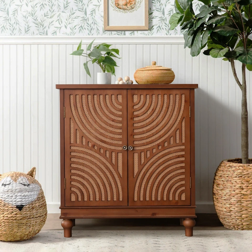 Accent Cabinet with Storage w/ Rattan Decor Doors Sideboard Cabinet for Hallway - Image 2 of 4