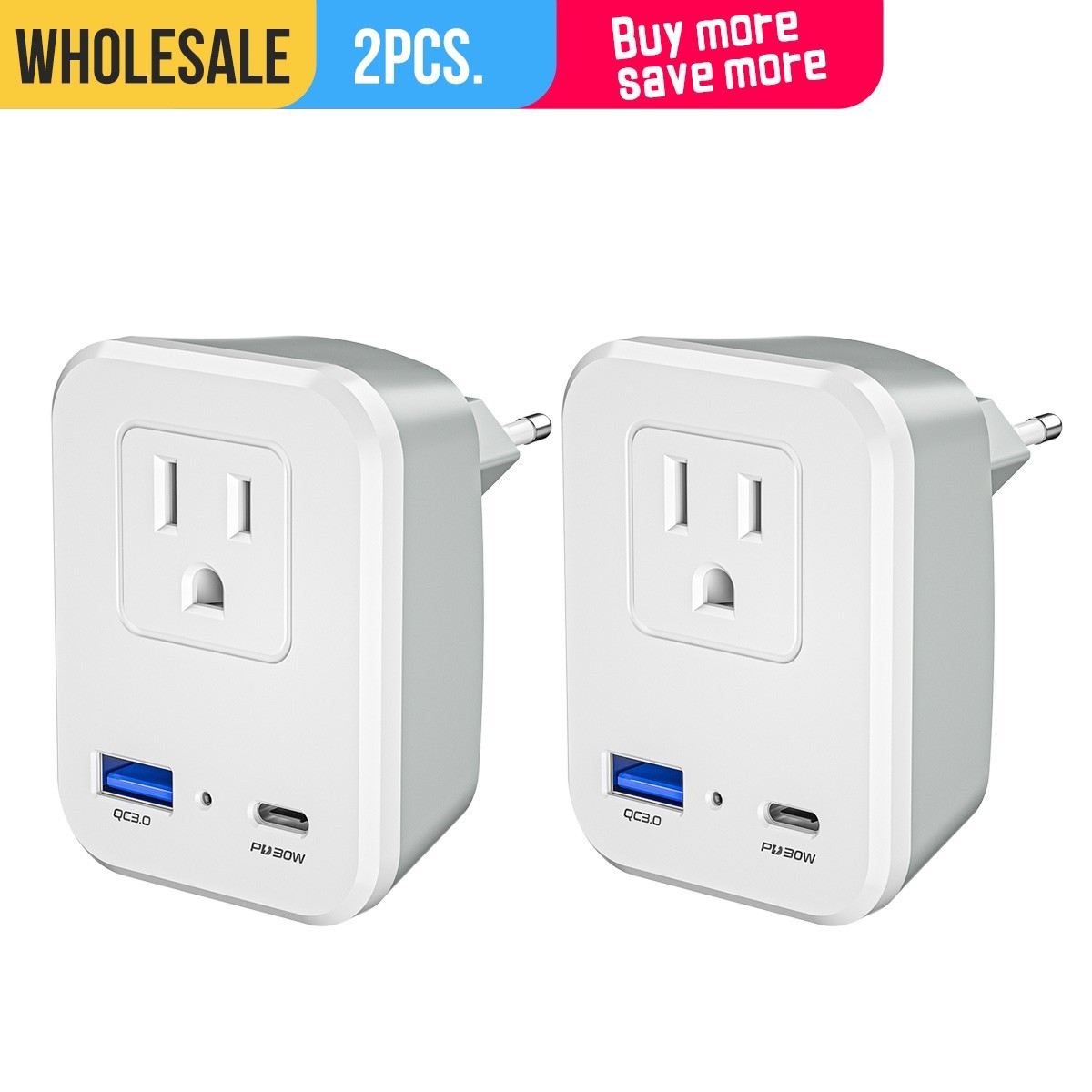 2-PK European Plug Travel Adapter with 2USB, Power Plug Charger for US to Europe