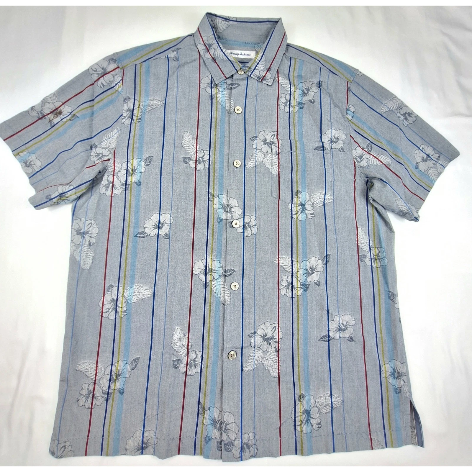 Tommy Bahama Mens Large Silk Cotton Striped Floral Hibiscus Button Shirt Gray