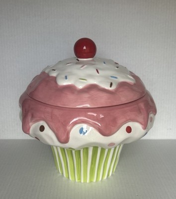11 Inches Tall Cupcake Ceramic Cookie Jar Container, Hand Painted