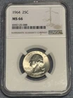 1964 25C NGC MS 66 Washington Quarter 90% Silver Graded MS 66 See Photos