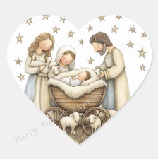 NATIVITY CHRISTMAS ENVELOPE SEALS LABELS STICKERS PARTY FAVORS - (Heart Shaped)