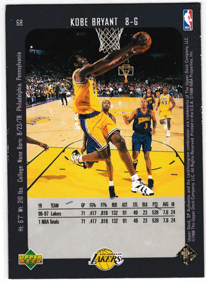 1997-98 SP Authentic - Kobe Bryant #68 Lakers - Image 2 of 2