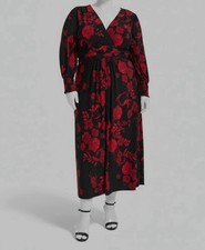 Tommy Hilfiger Women's Black Red Floral Smocked Cuff Midi Dress Plus Size 18W
