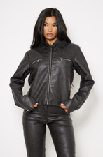 Pretty Little Thing Grey Washed Faux Leather Zip Detail Biker Jacket L14 Cng0748