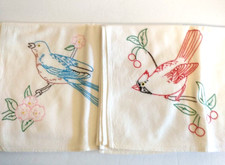 2 Large Vintage Hand Embroidery Cotten Linen Tea Towels Birds 38" by 29" Kitchen