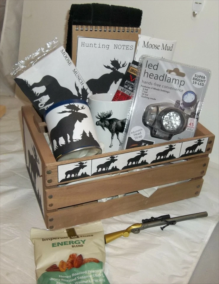 Black Moose Wood Crate Gift Basket Lodge Led Headlamp Men Hunters Rifle Pen Nuts - Image 3 of 4