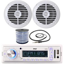 Pyle PLMR18 In-Dash Marine Receiver, 2 x 6.5'' 120W Speakers w/ Wire, Antenna