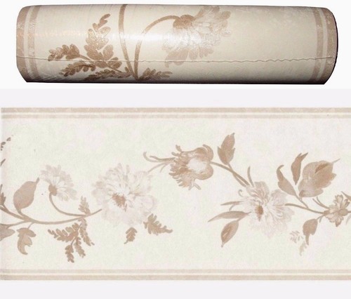Wallpaper Border by Sunworthy 7"x15' Taupe Tan Brown Ivory Floral on Cream - Picture 3 of 7