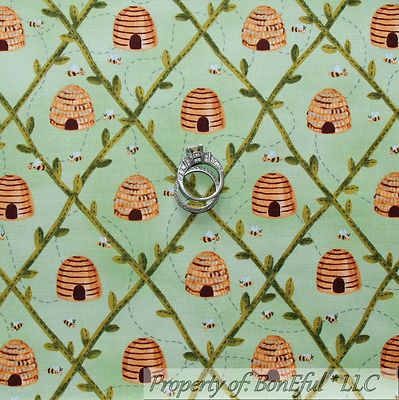 BonEful Fabric FQ Cotton Quilt Green Yellow Brown Honey BEE Hive Leaf Garden USA