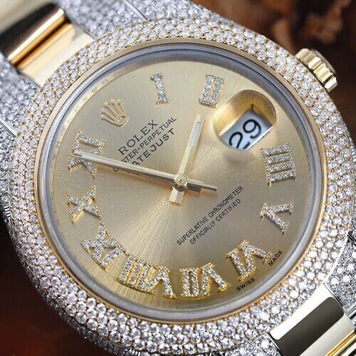 Rolex Datejust 41 mm Gold & Steel Iced Out Diamond Watch Champagne Roman Dial