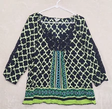 Crown & Ivy Top Woman's L Rayon Blouse Blue & Green Cotton Crochet Trim Boho