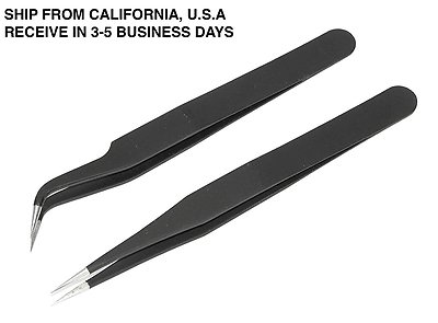 2 Pcs Eyelash Extension Tweezers Straight & Curved Black Tweezers