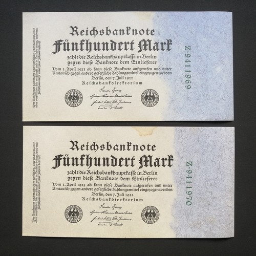 GERMANY LOT 2 X 500 MARK 1922 P-74b UNC