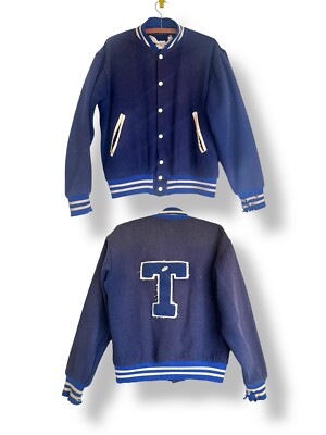 Vintage 1950s FELCO Reprocessed Wool Blue Snap Letterman Jacket ''T'' Patch Mens M