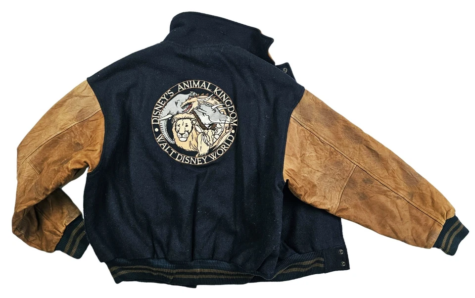 LO ÚLTIMO DE COLECCIÓN Chaqueta Bomber Para Hombre DISNEY @ ANIMAL KINGDOM VARSITY CUERO LANA NEGRA M Foto 3 de 4