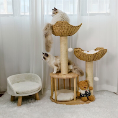 Heavy Duty Natural Wood 3-tier Cat Tree Activity Tower Center w/ Scratching Post