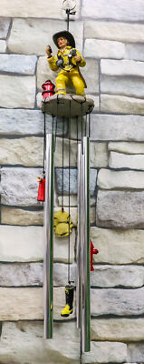 In Line of Duty Yellow Suit Fireman By Red Fire Hydrant Wind Chime Garden Decor