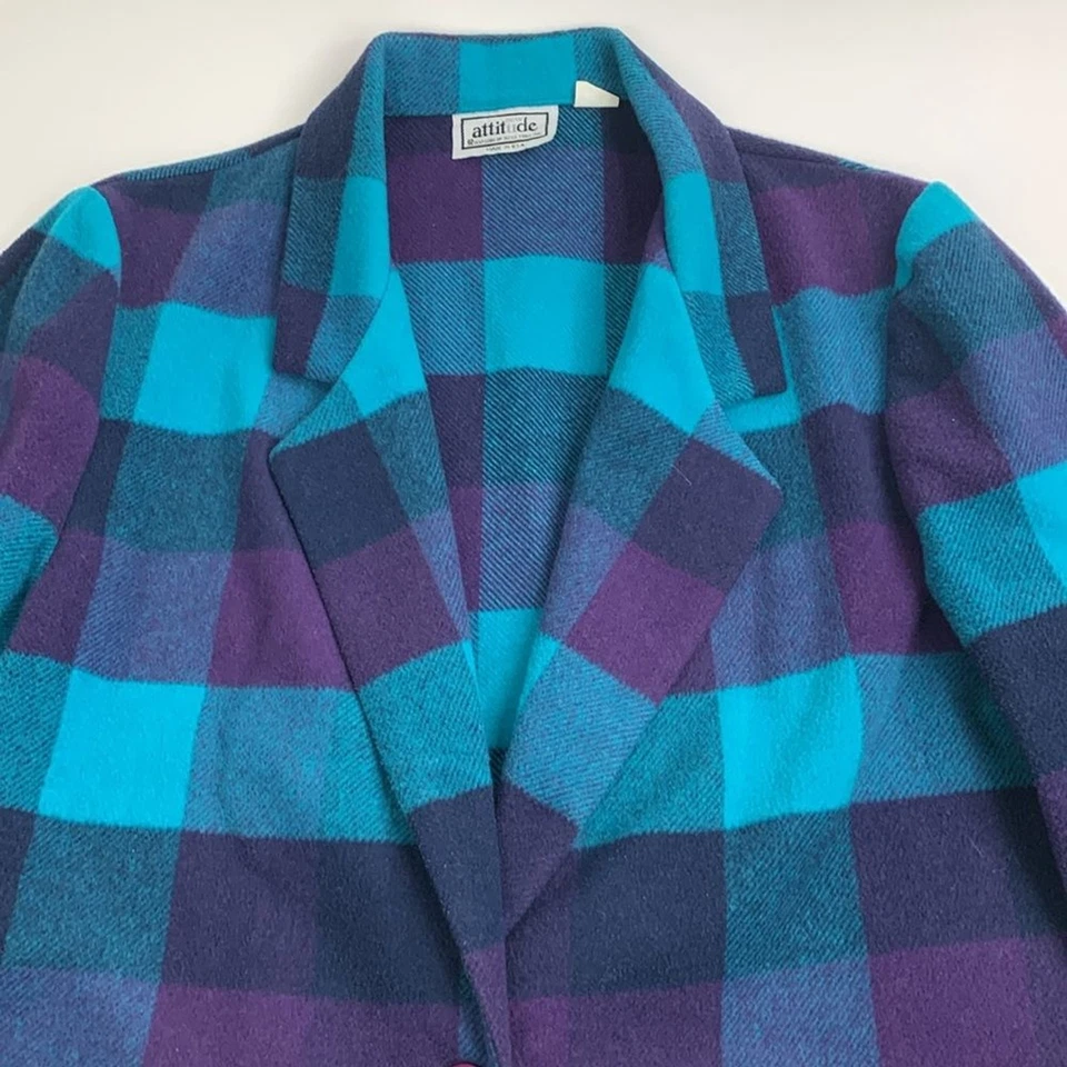 VTG Attitude Wool plaid color block blazer jacket coat USA Sz 10 Blue purple - Image 3 of 4