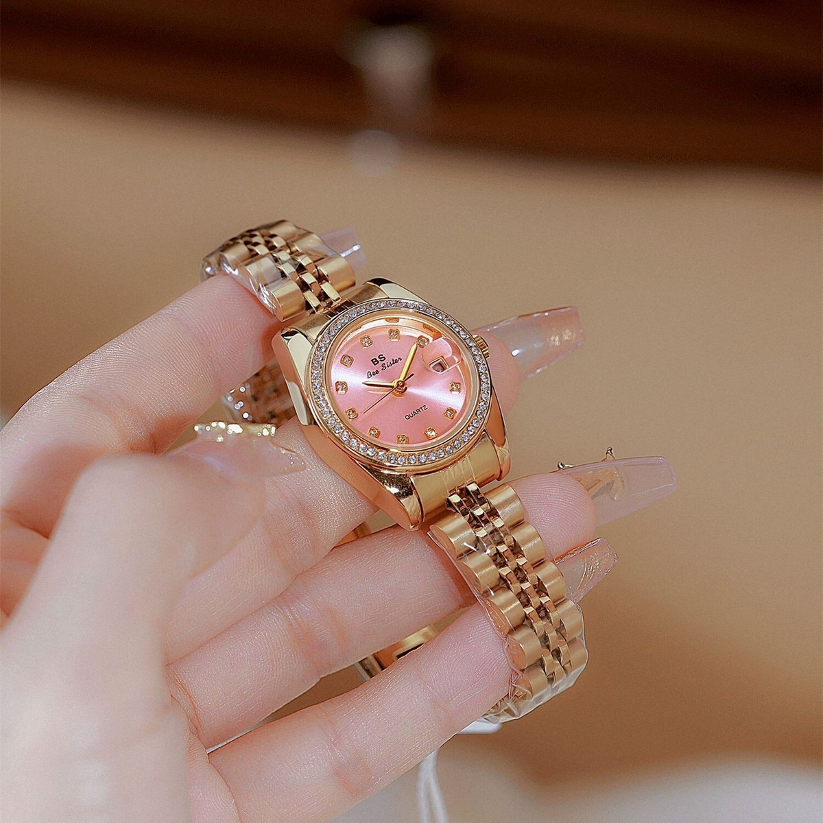 Ladies Date Pink Diamond Dial Wrist Watch Round Face Golden 