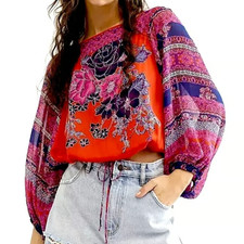 Free People Blue Nile Floral Boho Blouse M Sheer Sleeve Pop Combo