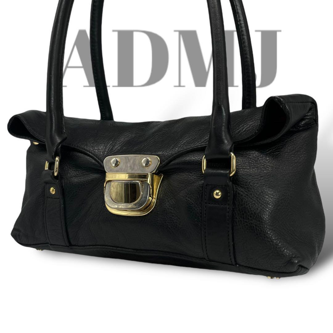 ADMJ Premium Black Leather Tote Bag with Gold Metal Accents