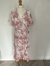 Apricot UK 10 Wrap Dress Pink Leaf Print Ruffle Midi Holiday Cruise