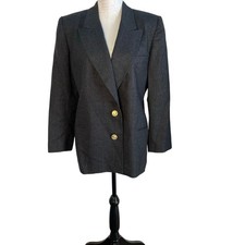 Talbots Women s Size 12P Gray Wool Gold Button Mid Length Y2K Vintage Blazer USA