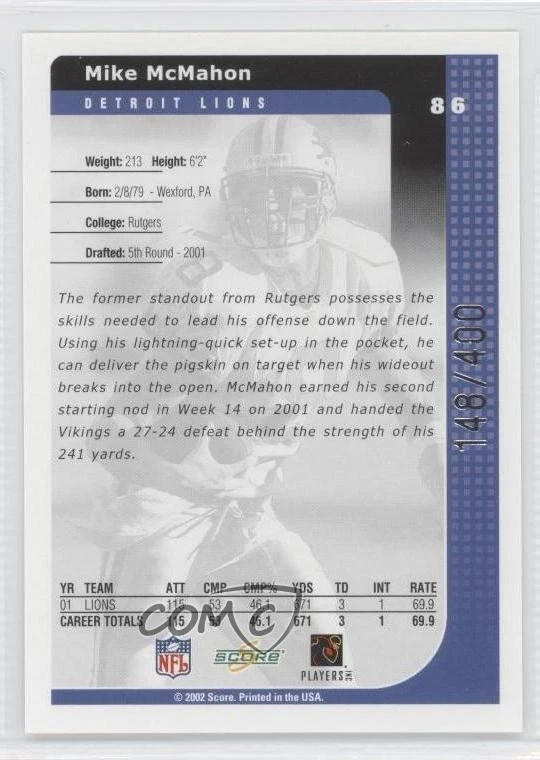 2002 Score Scorecard /400 Mike McMahon #86 - Image 2 of 2