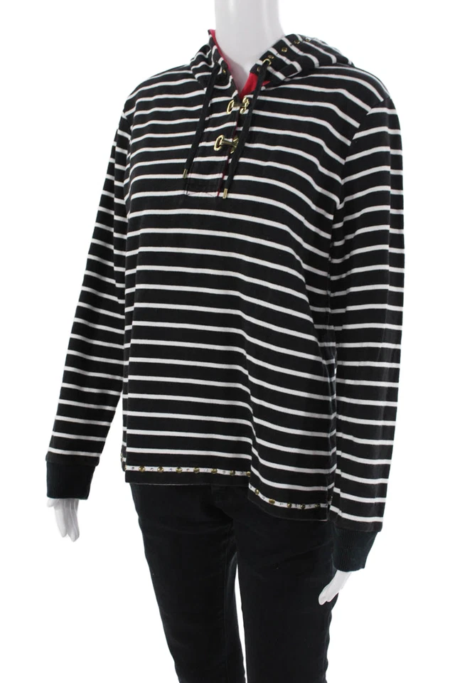 Christine Alexander Womens Striped Hooded Knit Sweater Jacket Black White Large - Image 2 of 4