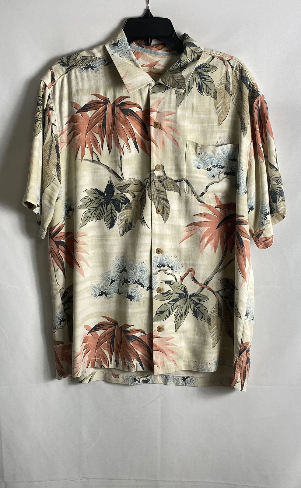 Tommy Bahama Men's Beige Silk Floral Tropical Short Sleeve Camp Shirt Size L
