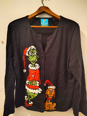 Michael Simon Dr. Seuss Grinch Sequin Button-Front Knit Cardigan  Sweater XL