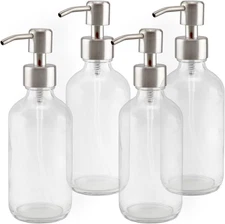 8-Ounce Clear Glass Boston Round Bottles 4-Pack w/Stainless Lotion Pumps