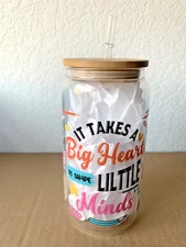 Glass Tumbler 16oz Libbey Cup w/ Bamboo Lid And Straw Clear/ Teacher Gift / NEW