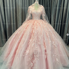 Pink Quinceanera Dresses With Cape Princess Long Sleeve Sweet 15 16 Ball Gowns