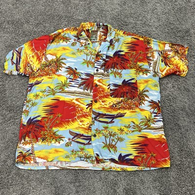 Pineapple Connection Hawaiian Shirt Men s 2XB Big Boat Palms Rayon Yellow Orange