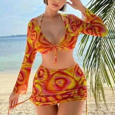 printed bikini set tie back swimsuit women bra top bikini bottom cover up top sp